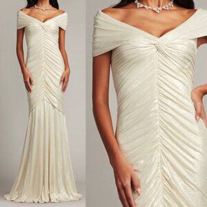Tadashi Shoji BSJ24023L Piette V-Neck Draped Metallic Jersey Gown Dress Ivory L